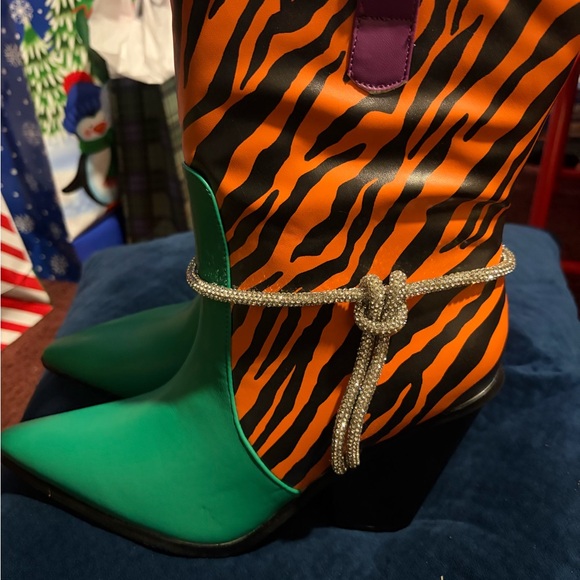 Green and Orange Striped Boots with Silver Accents - Picture 2 of 6